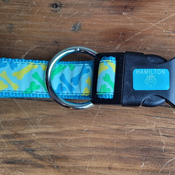 2 /$15  Hamilton Dog Collar Nylon Ribbon Overlay  18 to 26 Blue Yellow Bones - Picture 4 of 8